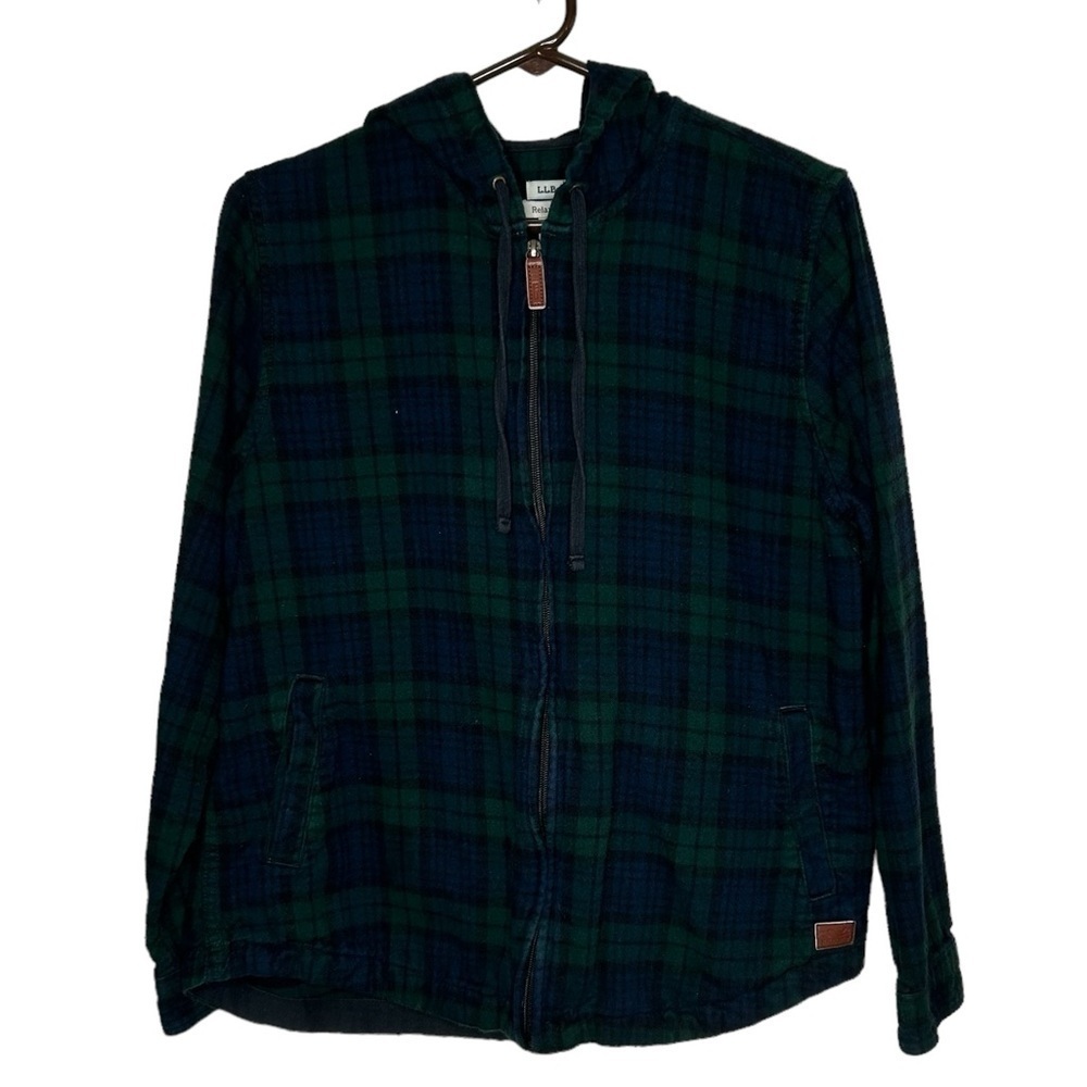 LL Bean Relaxed Fit Womens Medium Green Blue Plaid Hoodie Full Zip Shirt